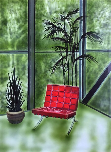 Goulding House interior with red Barcelona chair
