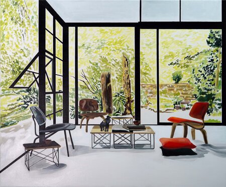 Eames House Interior with red chair and cushion